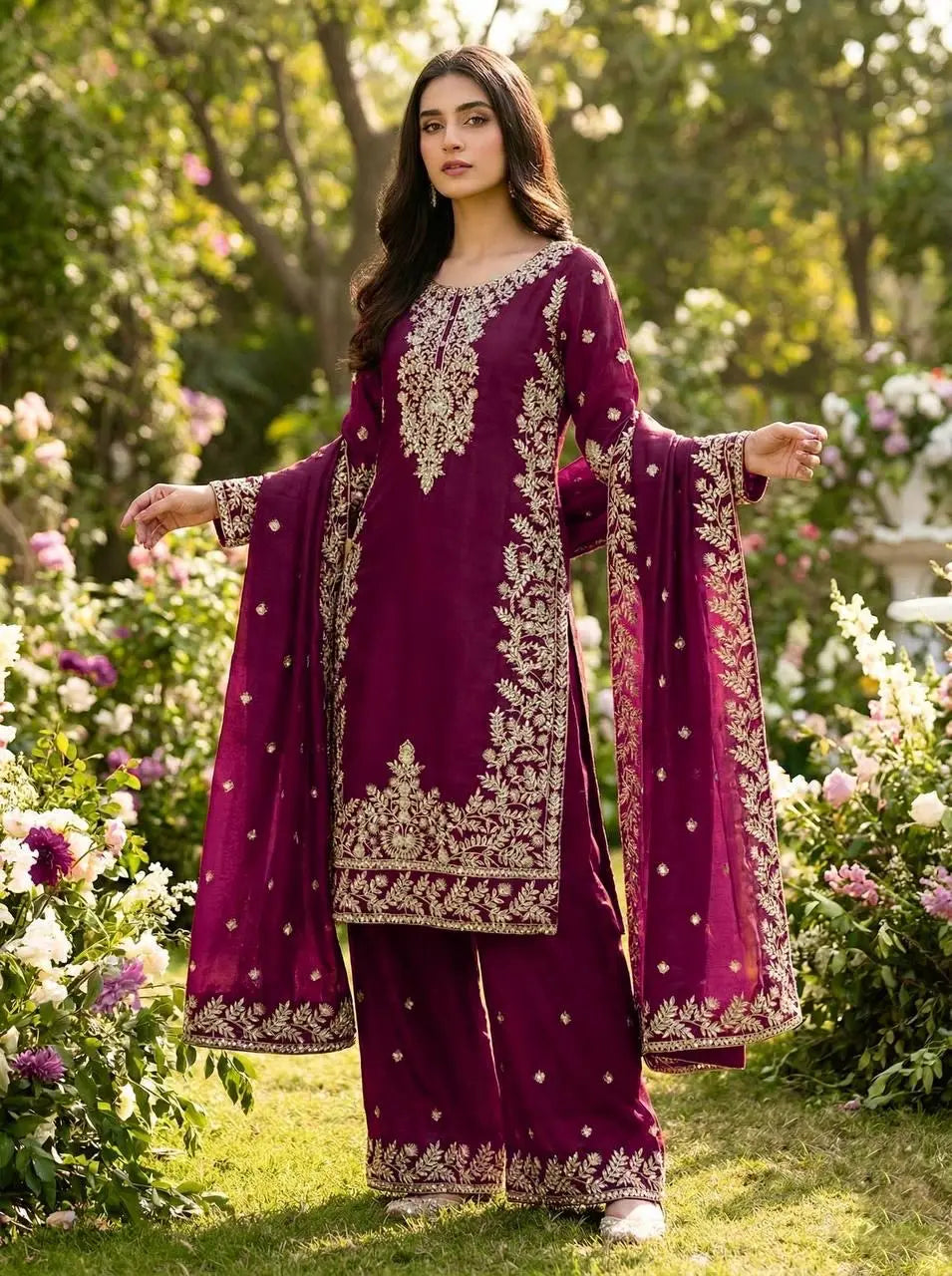 Silk Sequence Embroidery Work Designer Kurti Pant Dupatta Set Ethenika.com