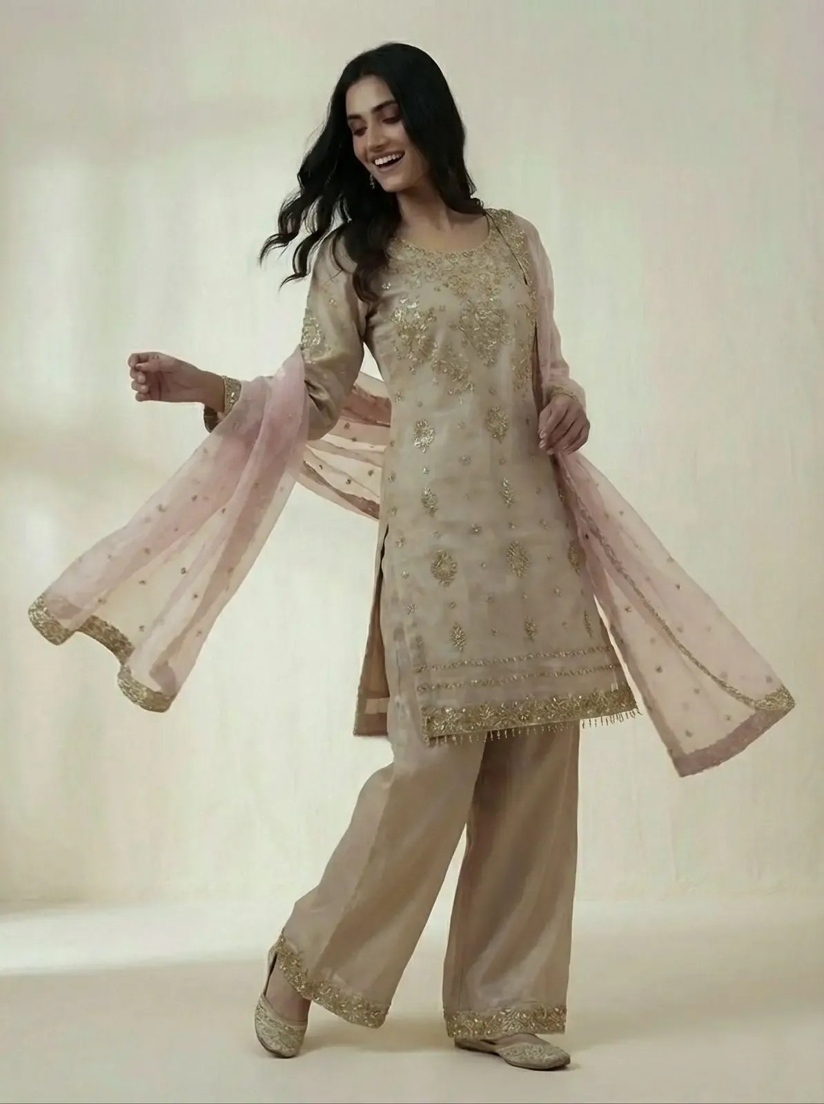 Silk Sequence Embroidery Work Designer Kurti Pant Dupatta Set Ethenika.com