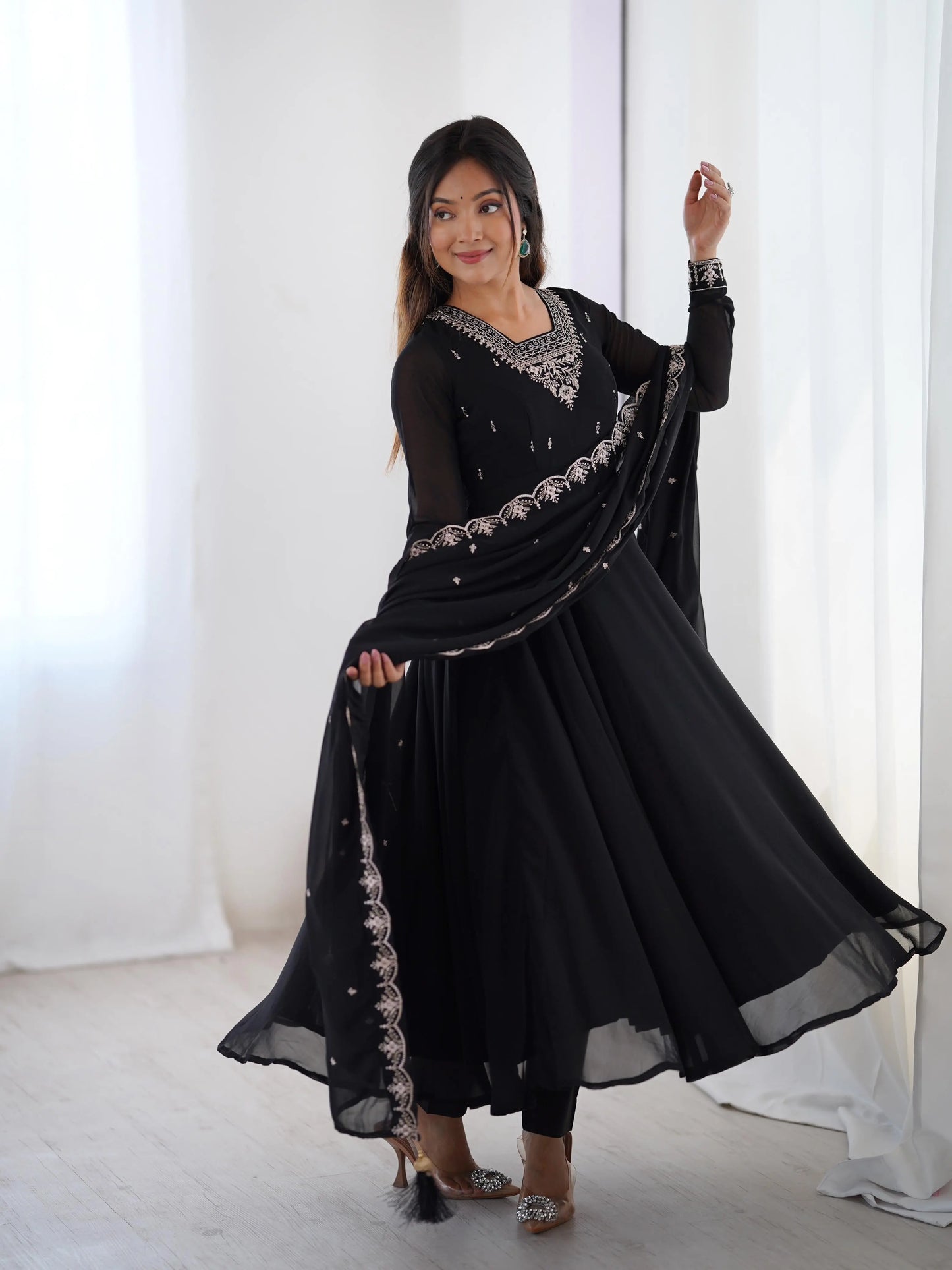 Soft Faux Georgette Black Beauty Anarkali Flair Party Wear Kurti Pant Dupatta Set (Ready to Wear) Ethenika.com