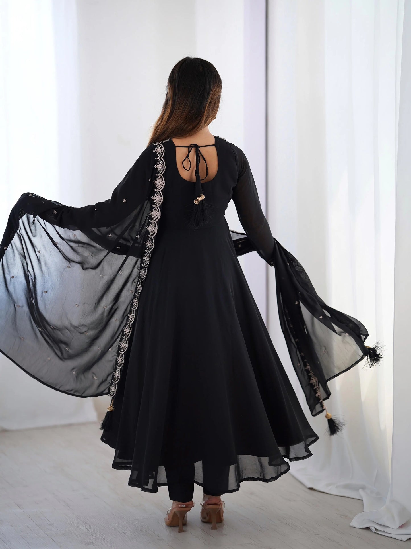 Soft Faux Georgette Black Beauty Anarkali Flair Party Wear Kurti Pant Dupatta Set (Ready to Wear) Ethenika.com