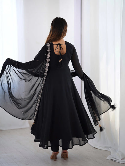 Soft Faux Georgette Black Beauty Anarkali Flair Party Wear Kurti Pant Dupatta Set (Ready to Wear) Ethenika.com