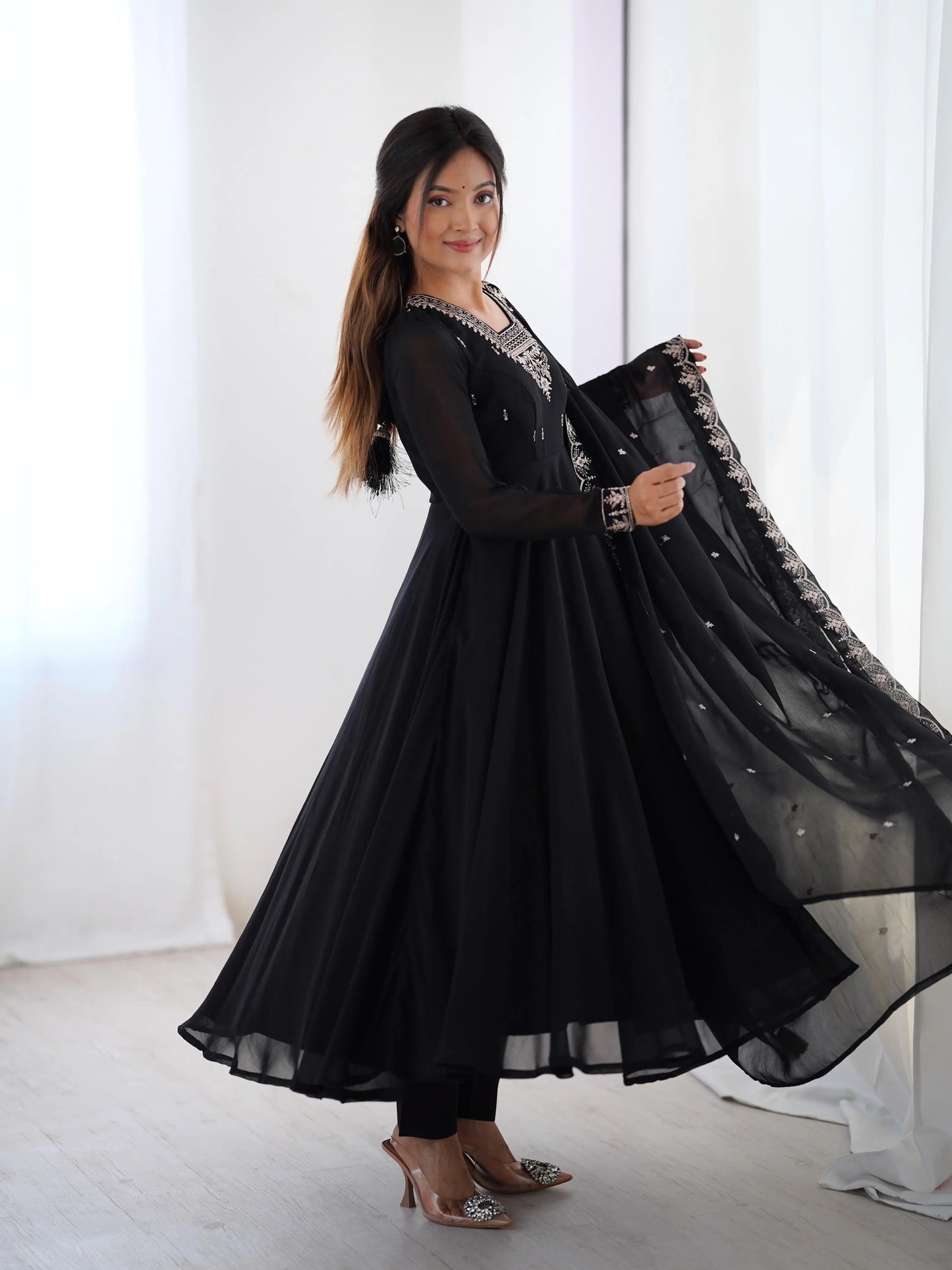 Soft Faux Georgette Black Beauty Anarkali Flair Party Wear Kurti Pant Dupatta Set (Ready to Wear) Ethenika.com