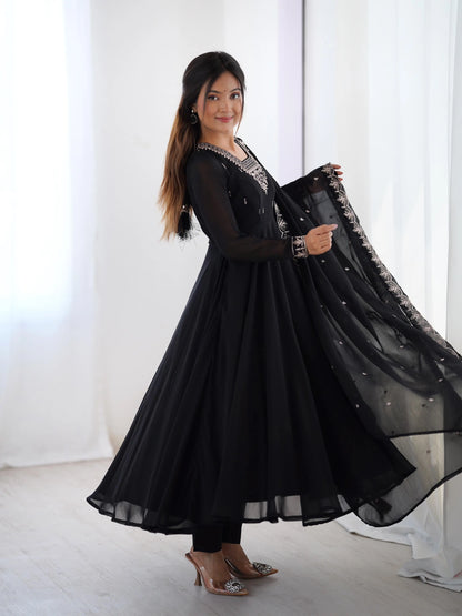 Soft Faux Georgette Black Beauty Anarkali Flair Party Wear Kurti Pant Dupatta Set (Ready to Wear) Ethenika.com
