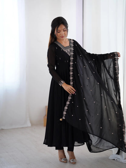 Soft Faux Georgette Black Beauty Anarkali Flair Party Wear Kurti Pant Dupatta Set (Ready to Wear) Ethenika.com