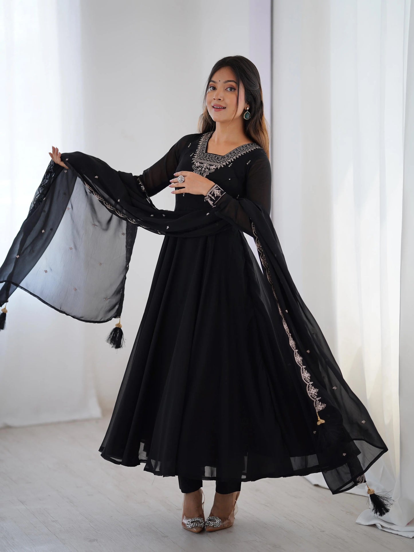 Soft Faux Georgette Black Beauty Anarkali Flair Party Wear Kurti Pant Dupatta Set (Ready to Wear) Ethenika.com