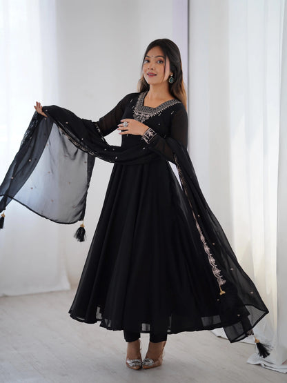 Soft Faux Georgette Black Beauty Anarkali Flair Party Wear Kurti Pant Dupatta Set (Ready to Wear) Ethenika.com