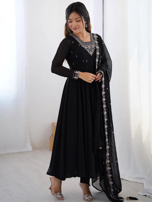 Soft Faux Georgette Black Beauty Anarkali Flair Party Wear Kurti Pant Dupatta Set (Ready to Wear) Ethenika.com