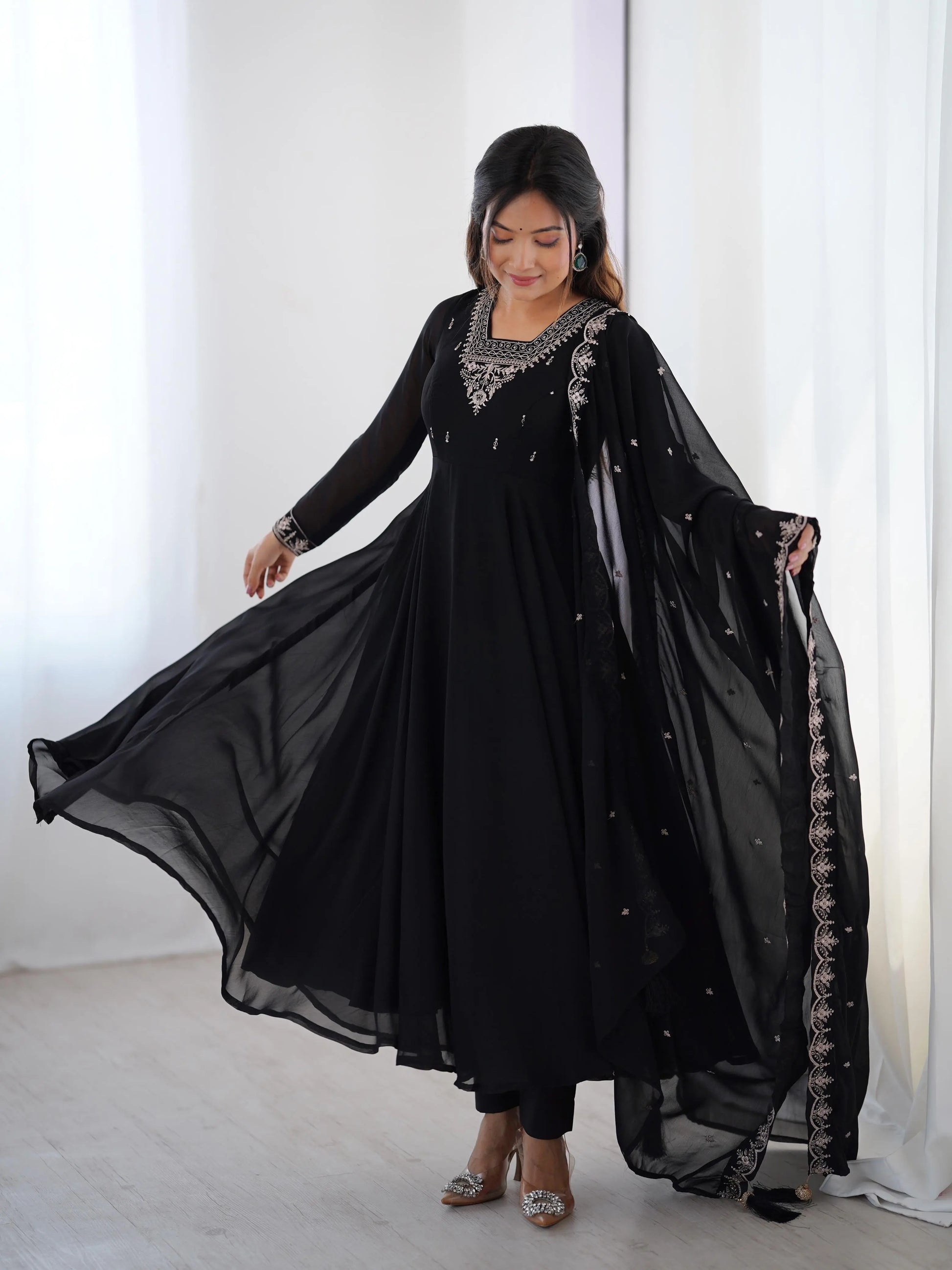 Soft Faux Georgette Black Beauty Anarkali Flair Party Wear Kurti Pant Dupatta Set (Ready to Wear) Ethenika.com