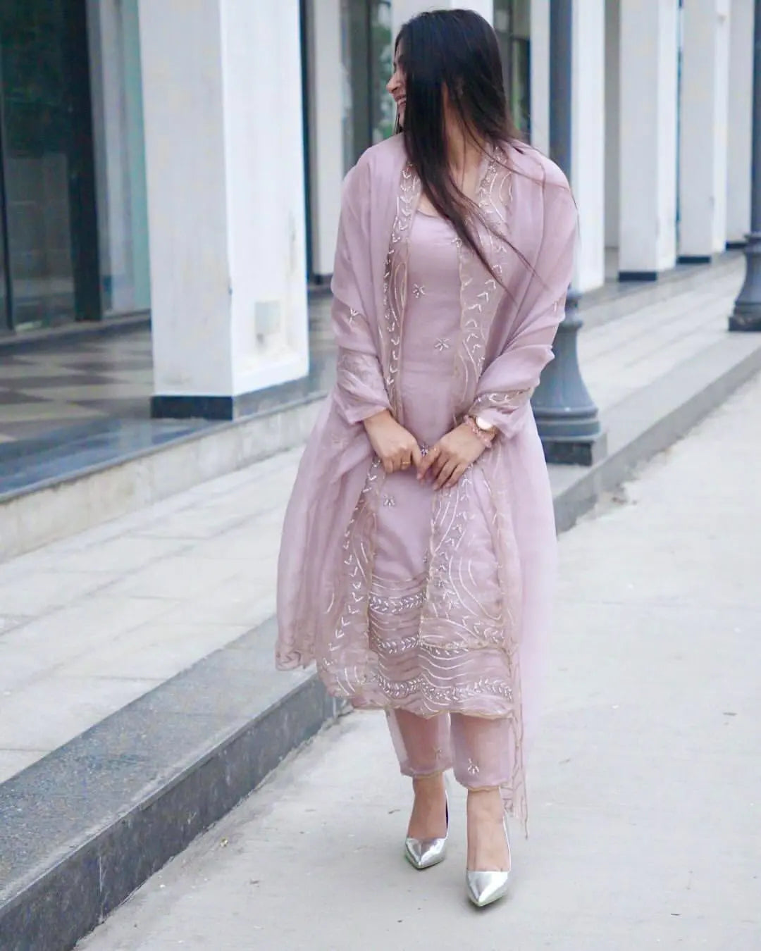 Soft Tabby Silk Sequence Embroidery work Party Wear Designer 3Pc Kurti Pant Dupatta Set (Ready to Wear) Ethenika.com