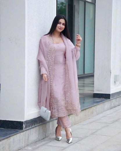 Soft Tabby Silk Sequence Embroidery work Party Wear Designer 3Pc Kurti Pant Dupatta Set (Ready to Wear) Ethenika.com