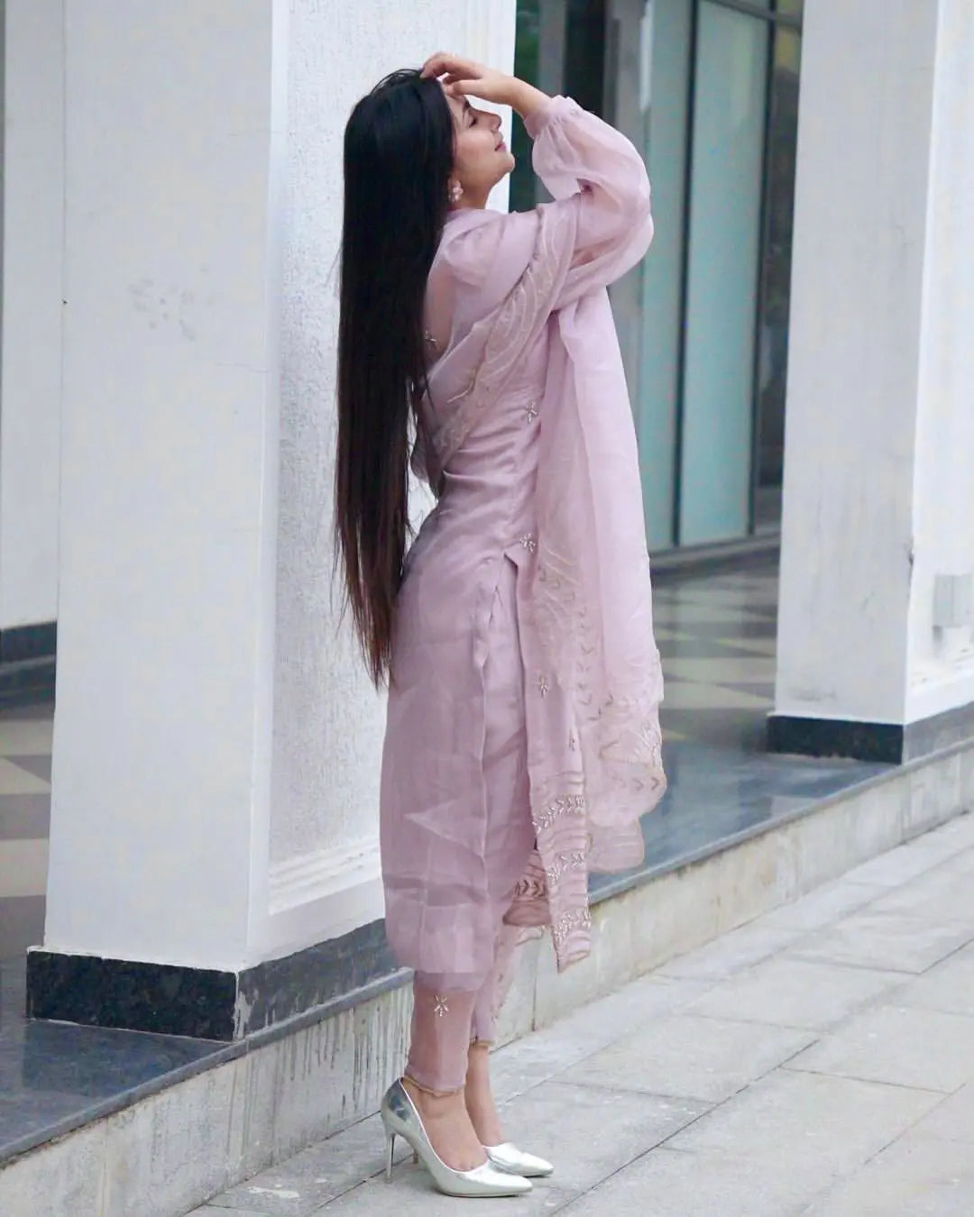 Soft Tabby Silk Sequence Embroidery work Party Wear Designer 3Pc Kurti Pant Dupatta Set (Ready to Wear) Ethenika.com