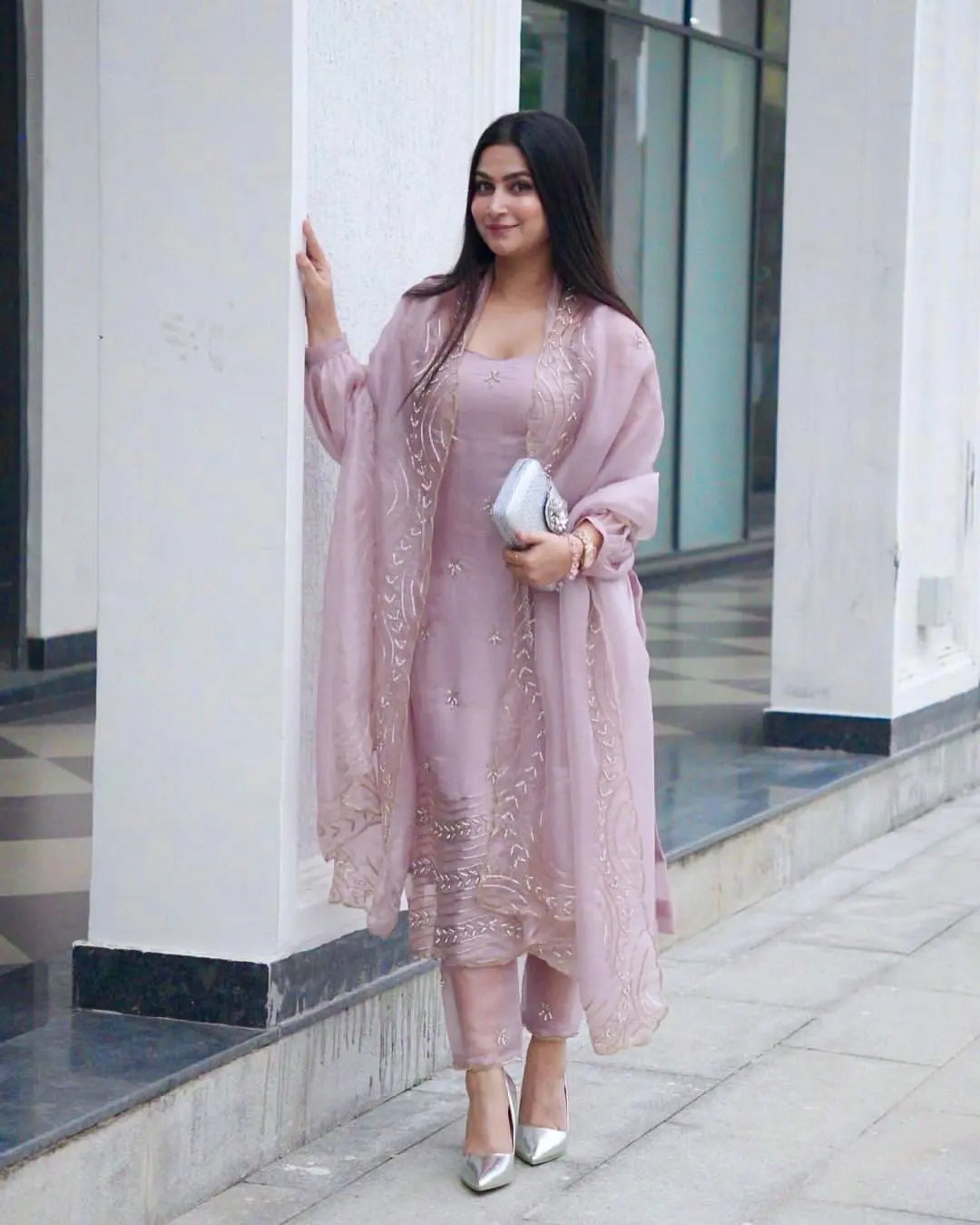 Soft Tabby Silk Sequence Embroidery work Party Wear Designer 3Pc Kurti Pant Dupatta Set (Ready to Wear) Ethenika.com