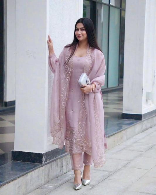 Soft Tabby Silk Sequence Embroidery work Party Wear Designer 3Pc Kurti Pant Dupatta Set (Ready to Wear) Ethenika.com