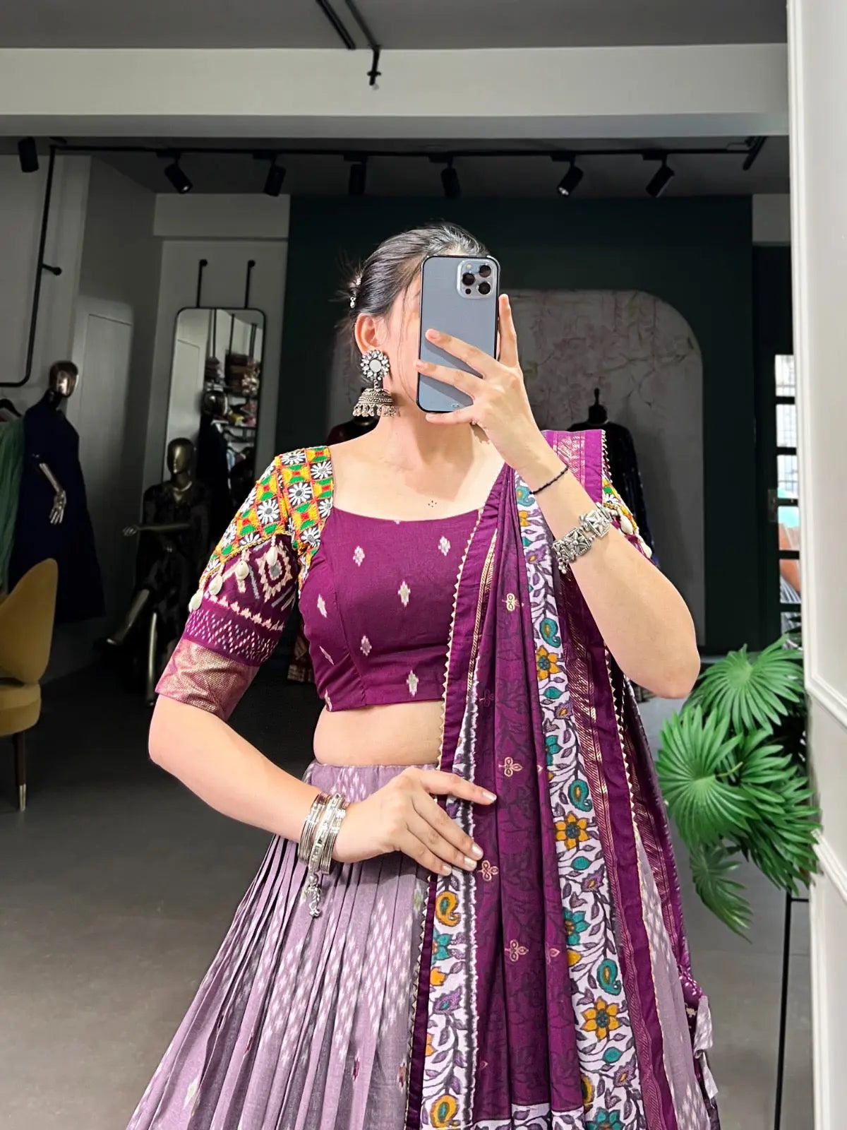 Tassar Silk Ikkat Print work Navratri Special Chaniya Choli (Ready To Wear) Ethenika.com