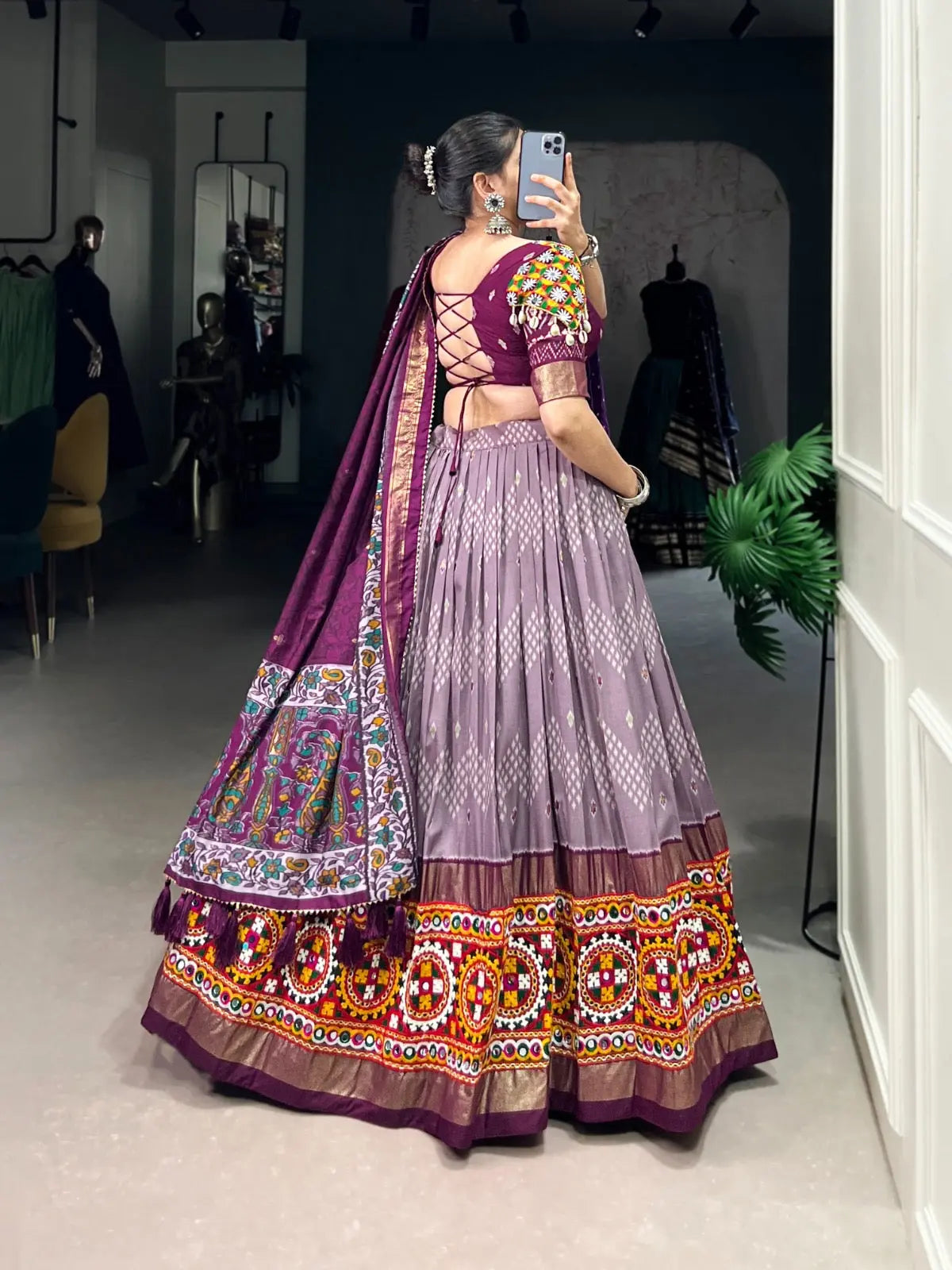 Tassar Silk Ikkat Print work Navratri Special Chaniya Choli (Ready To Wear) Ethenika.com