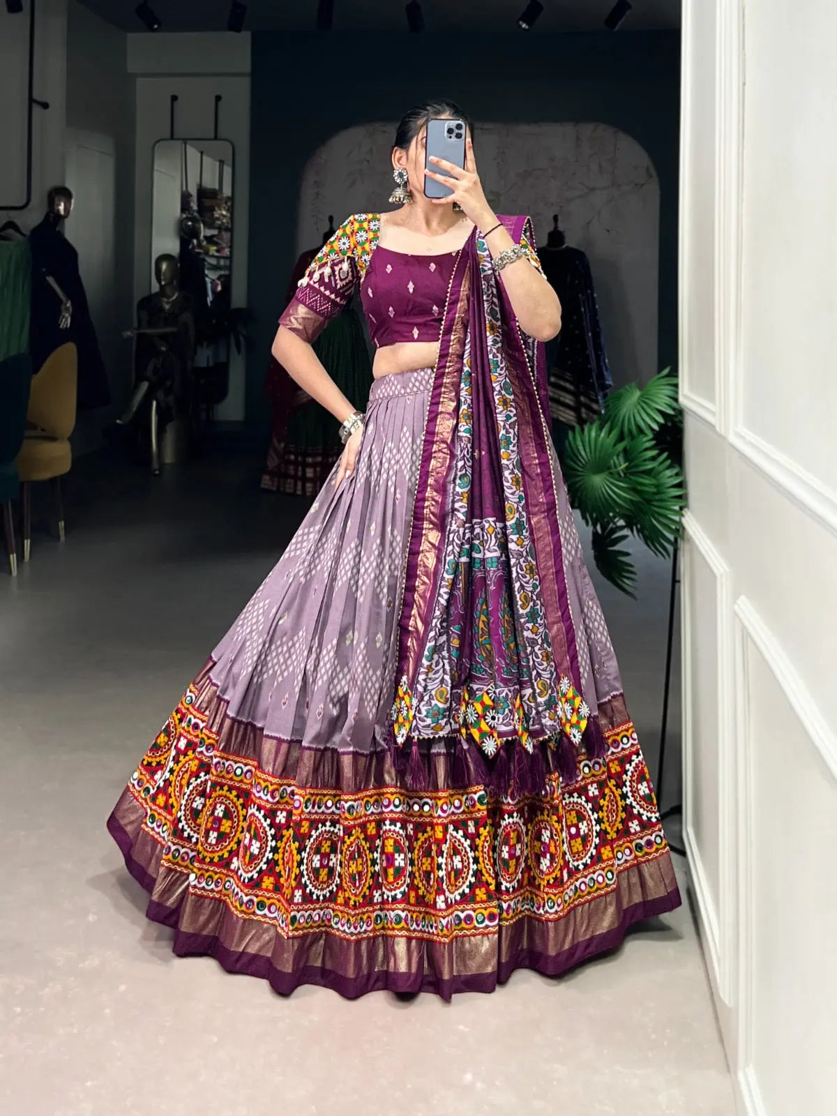 Tassar Silk Ikkat Print work Navratri Special Chaniya Choli (Ready To Wear) Ethenika.com
