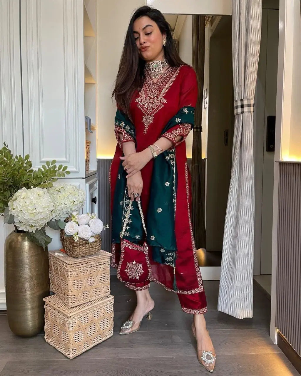 Vachitra Silk Fancy Embroidery Work Designer Kurti Pant Dupatta Set (Ready To Wear) Ethenika.com