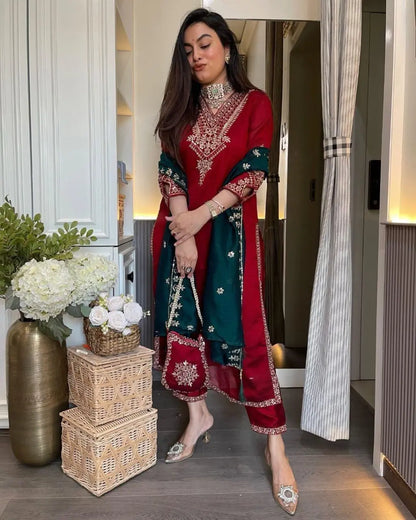 Vachitra Silk Fancy Embroidery Work Designer Kurti Pant Dupatta Set (Ready To Wear) Ethenika.com