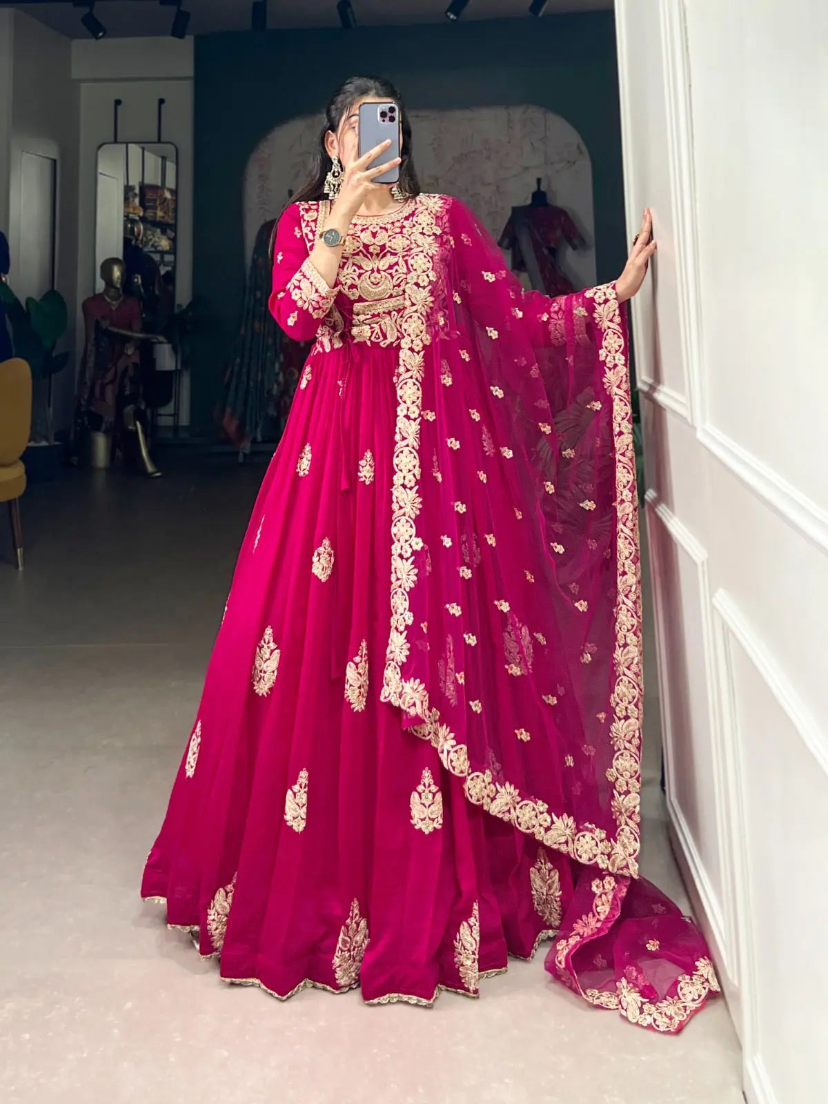 Vachitra Silk Sequence Thread Embroidery Work Gown Dupatta Set (Stitched) Ethenika.com