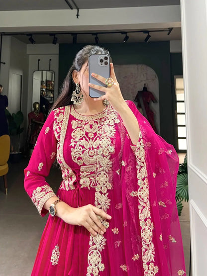 Vachitra Silk Sequence Thread Embroidery Work Gown Dupatta Set (Stitched) Ethenika.com