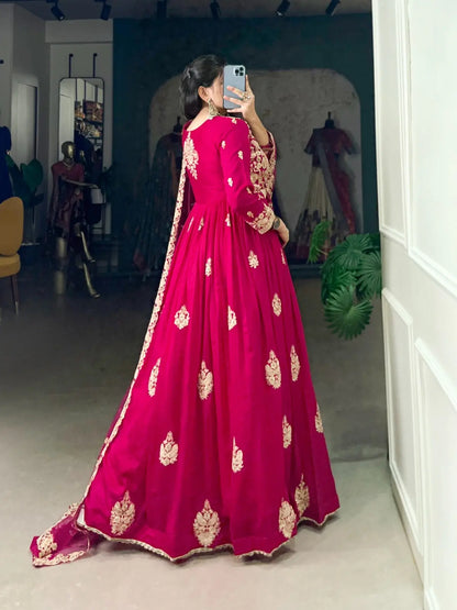 Vachitra Silk Sequence Thread Embroidery Work Gown Dupatta Set (Stitched) Ethenika.com
