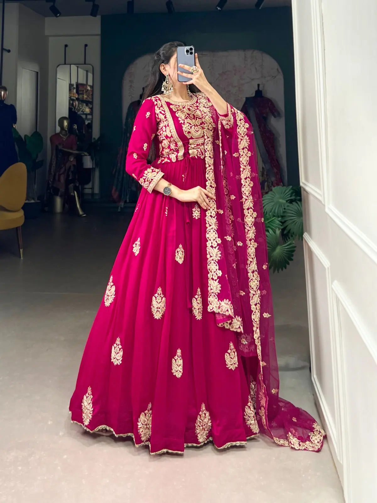 Vachitra Silk Sequence Thread Embroidery Work Gown Dupatta Set (Stitched) Ethenika.com