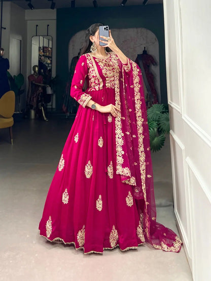 Vachitra Silk Sequence Thread Embroidery Work Gown Dupatta Set (Stitched) Ethenika.com