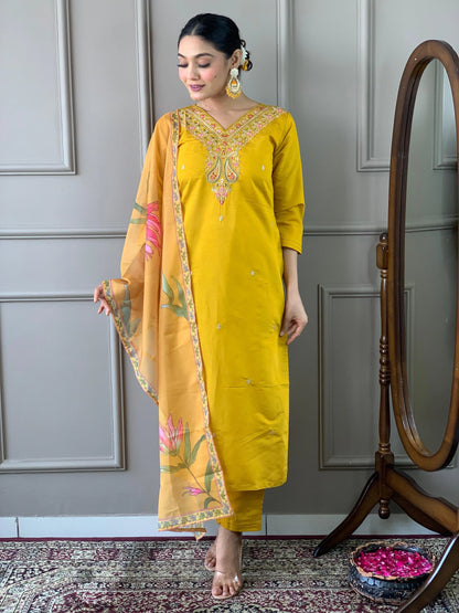 Viscos Chanderi Neck Stone Work Kurti Pant Dupatta Set (Stitched) Ethenika.com