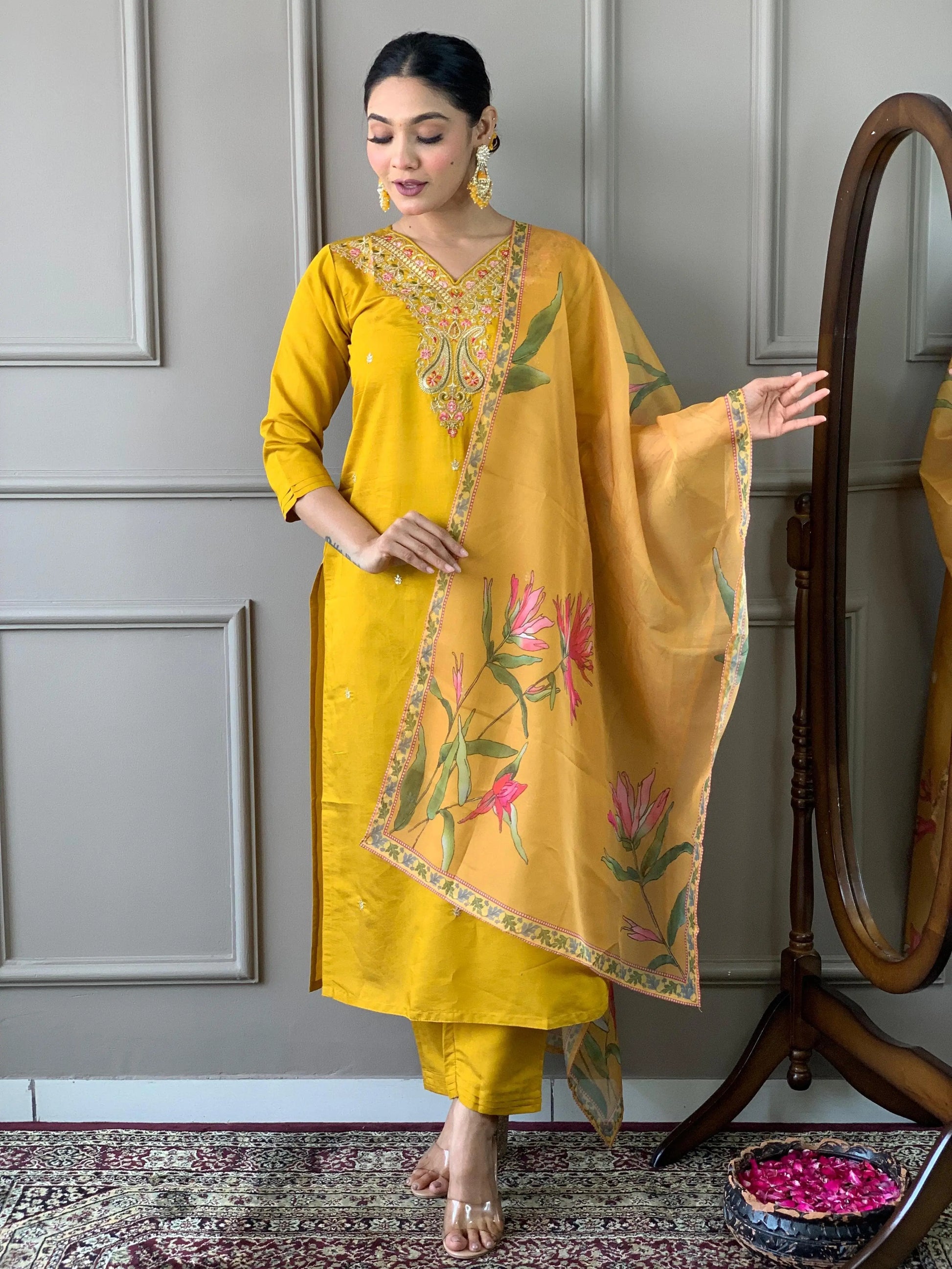 Viscos Chanderi Neck Stone Work Kurti Pant Dupatta Set (Stitched) Ethenika.com