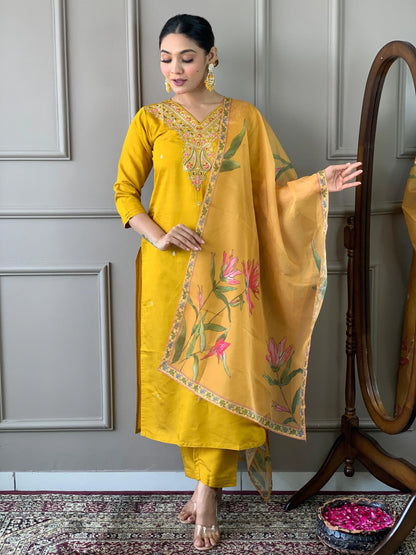 Viscos Chanderi Neck Stone Work Kurti Pant Dupatta Set (Stitched) Ethenika.com