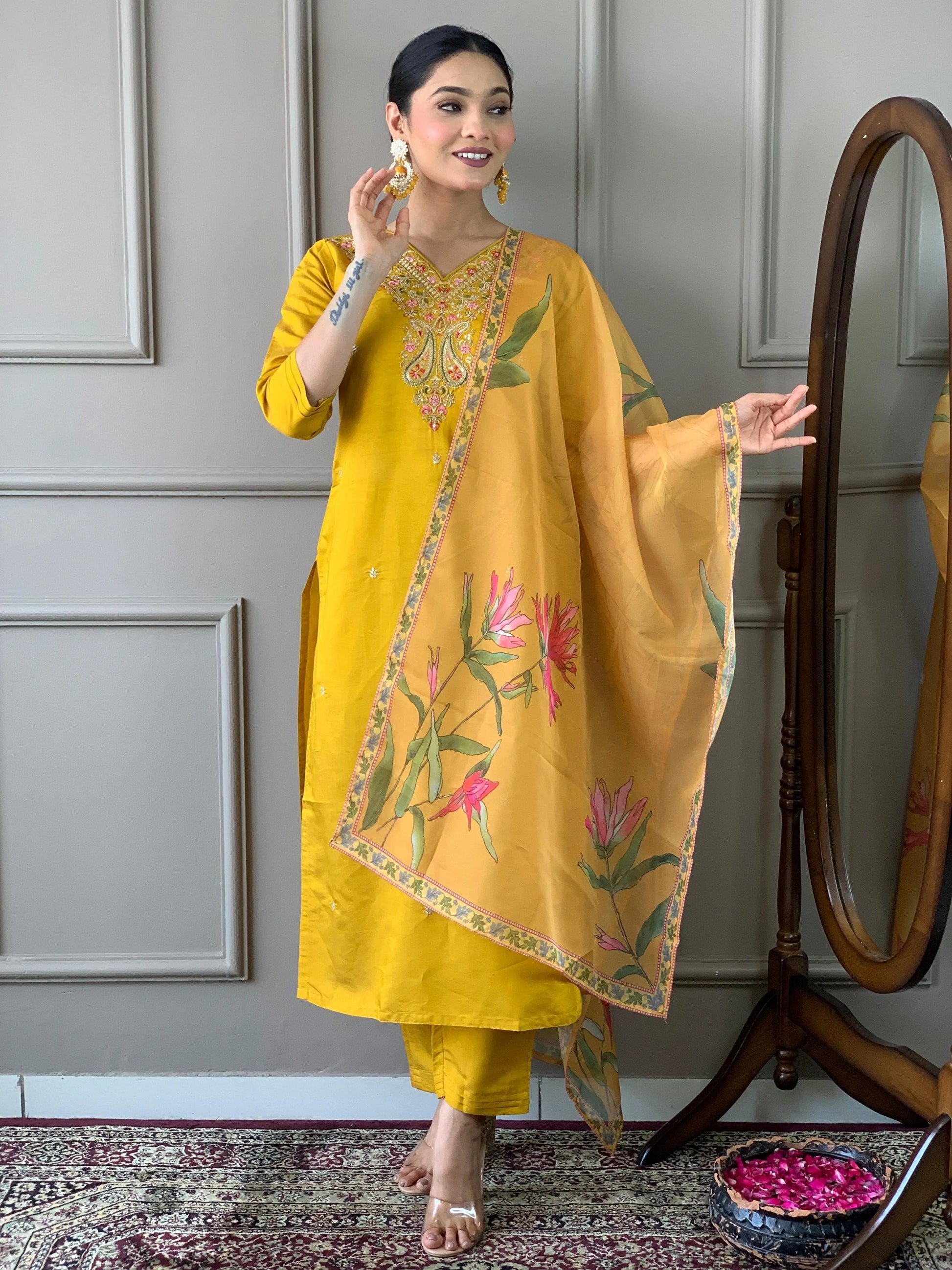 Viscos Chanderi Neck Stone Work Kurti Pant Dupatta Set (Stitched) Ethenika.com