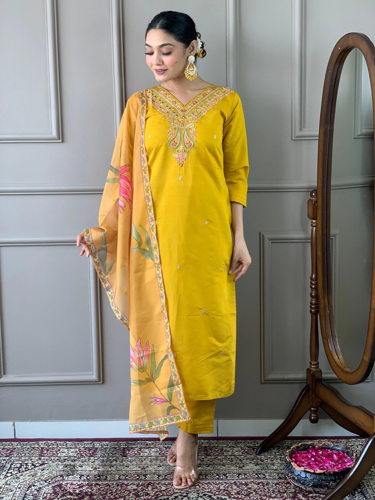 Viscos Chanderi Neck Stone Work Kurti Pant Dupatta Set (Stitched) Ethenika.com