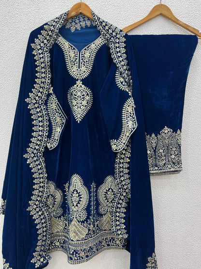 Viscos Seuqence Embroidery Work Designer Velvet Kurti Pant Dupatta Set (Ready to Wear) Ethenika.com