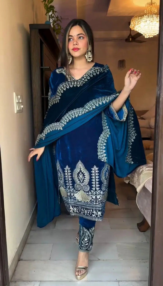Viscos Seuqence Embroidery Work Designer Velvet Kurti Pant Dupatta Set (Ready to Wear) Ethenika.com