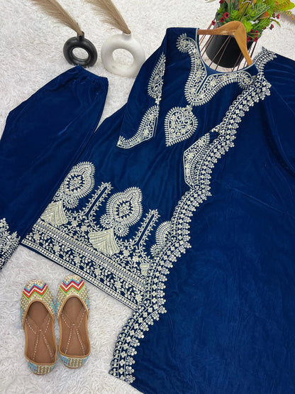 Viscos Seuqence Embroidery Work Designer Velvet Kurti Pant Dupatta Set (Ready to Wear) Ethenika.com