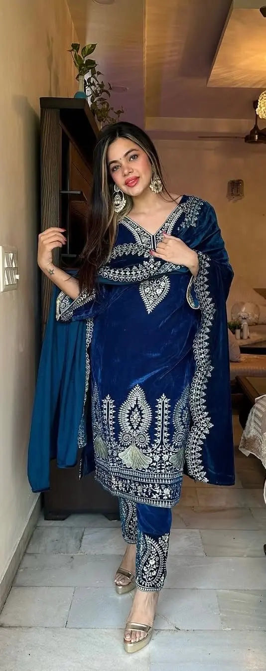 Viscos Seuqence Embroidery Work Designer Velvet Kurti Pant Dupatta Set (Ready to Wear) Ethenika.com