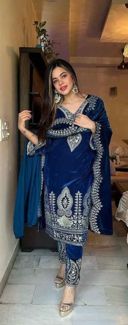 Viscos Seuqence Embroidery Work Designer Velvet Kurti Pant Dupatta Set (Ready to Wear) Ethenika.com