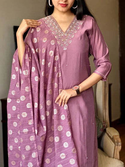 Viscose Chanderi Fabric V Neck Embroidery Work Jeckard Buta Kurti Pant Dupatta Set for Summer (Ready to Wear) Ethenika.com