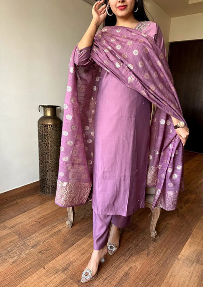 Viscose Chanderi Fabric V Neck Embroidery Work Jeckard Buta Kurti Pant Dupatta Set for Summer (Ready to Wear) Ethenika.com