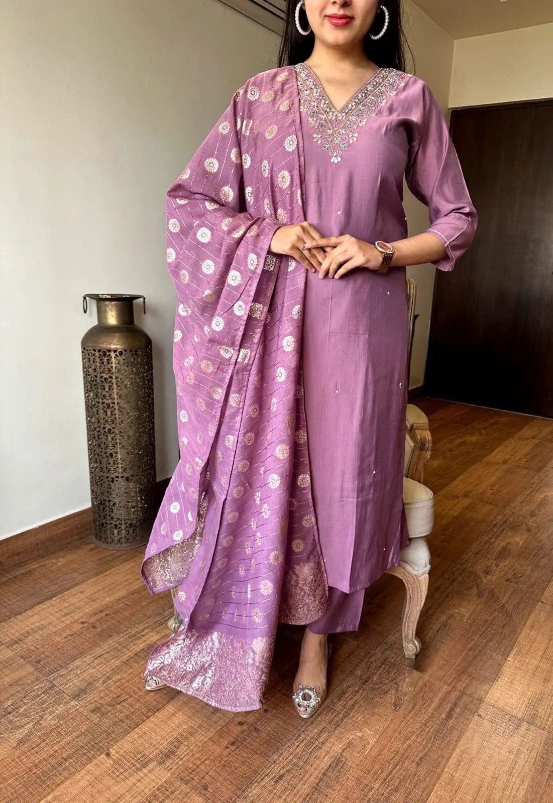 Viscose Chanderi Fabric V Neck Embroidery Work Jeckard Buta Kurti Pant Dupatta Set for Summer (Ready to Wear) Ethenika.com