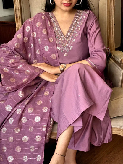 Viscose Chanderi Fabric V Neck Embroidery Work Jeckard Buta Kurti Pant Dupatta Set for Summer (Ready to Wear) Ethenika.com