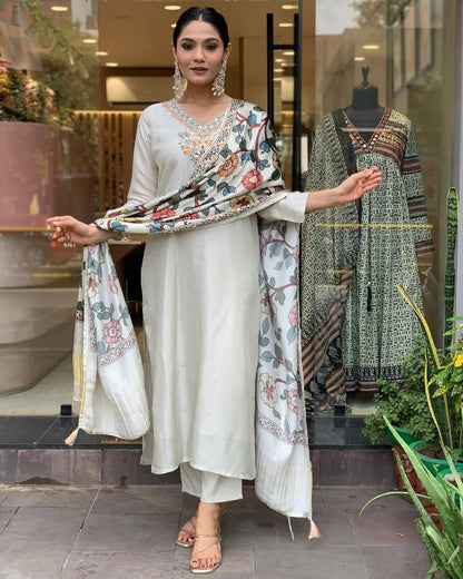 Viscose Chanderi Zari Weaving Neck work Kurti Pant Dupatta Set (Ready to wear) - Premium  from Ethenika.com  - Just INR 2490! Shop now at Ethenika.com 