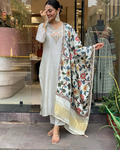 Viscose Chanderi Zari Weaving Neck work Kurti Pant Dupatta Set (Ready to wear) - Premium  from Ethenika.com  - Just INR 2490! Shop now at Ethenika.com 