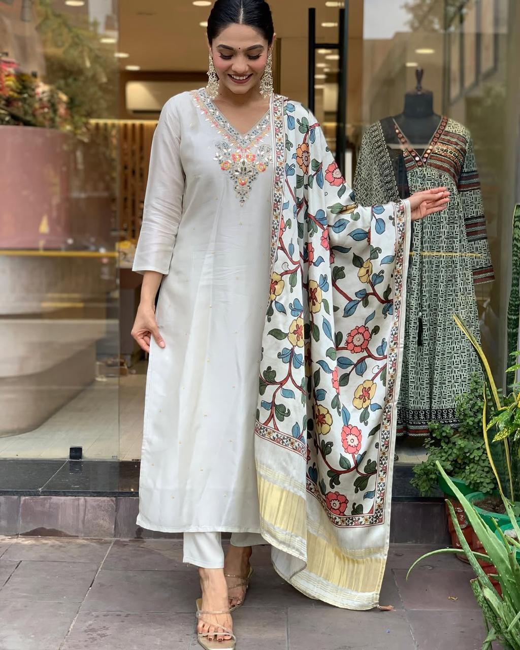 Viscose Chanderi Zari Weaving Neck work Kurti Pant Dupatta Set (Ready to wear) - Premium  from Ethenika.com  - Just INR 2490! Shop now at Ethenika.com 