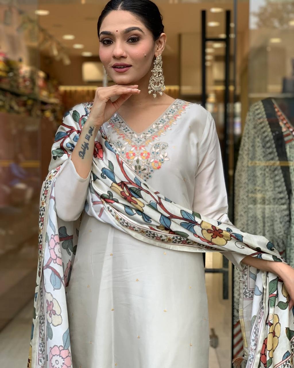 Viscose Chanderi Zari Weaving Neck work Kurti Pant Dupatta Set (Ready to wear) - Premium  from Ethenika.com  - Just INR 2490! Shop now at Ethenika.com 