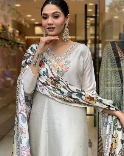 Viscose Chanderi Zari Weaving Neck work Kurti Pant Dupatta Set (Ready to wear) - Premium  from Ethenika.com  - Just INR 2490! Shop now at Ethenika.com 