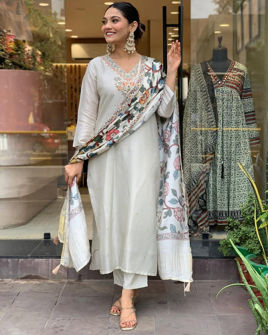 Viscose Chanderi Zari Weaving Neck work Kurti Pant Dupatta Set (Ready to wear) - Premium  from Ethenika.com  - Just INR 2490! Shop now at Ethenika.com 