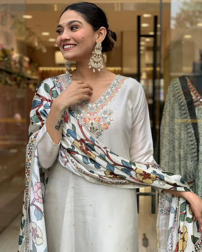 Viscose Chanderi Zari Weaving Neck work Kurti Pant Dupatta Set (Ready to wear) - Premium  from Ethenika.com  - Just INR 2490! Shop now at Ethenika.com 