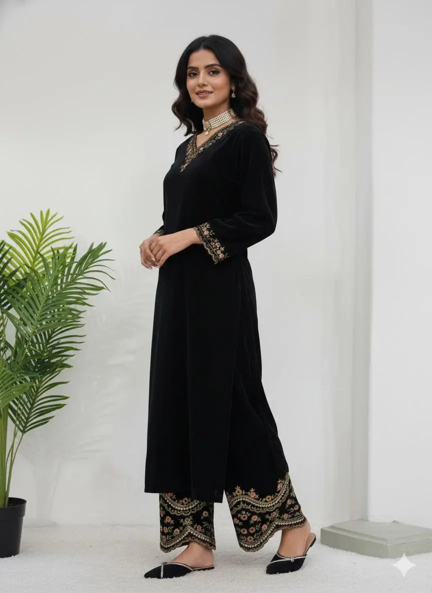Viscose Velvet Black Beauty Velvet Straight Fit Kurti Pant (Ready to Wear) Ethenika.com