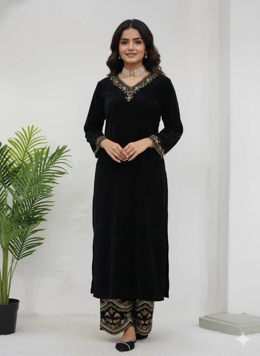 Viscose Velvet Black Beauty Velvet Straight Fit Kurti Pant (Ready to Wear) Ethenika.com